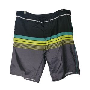 Burnside Black and Green Striped Swim Trunks